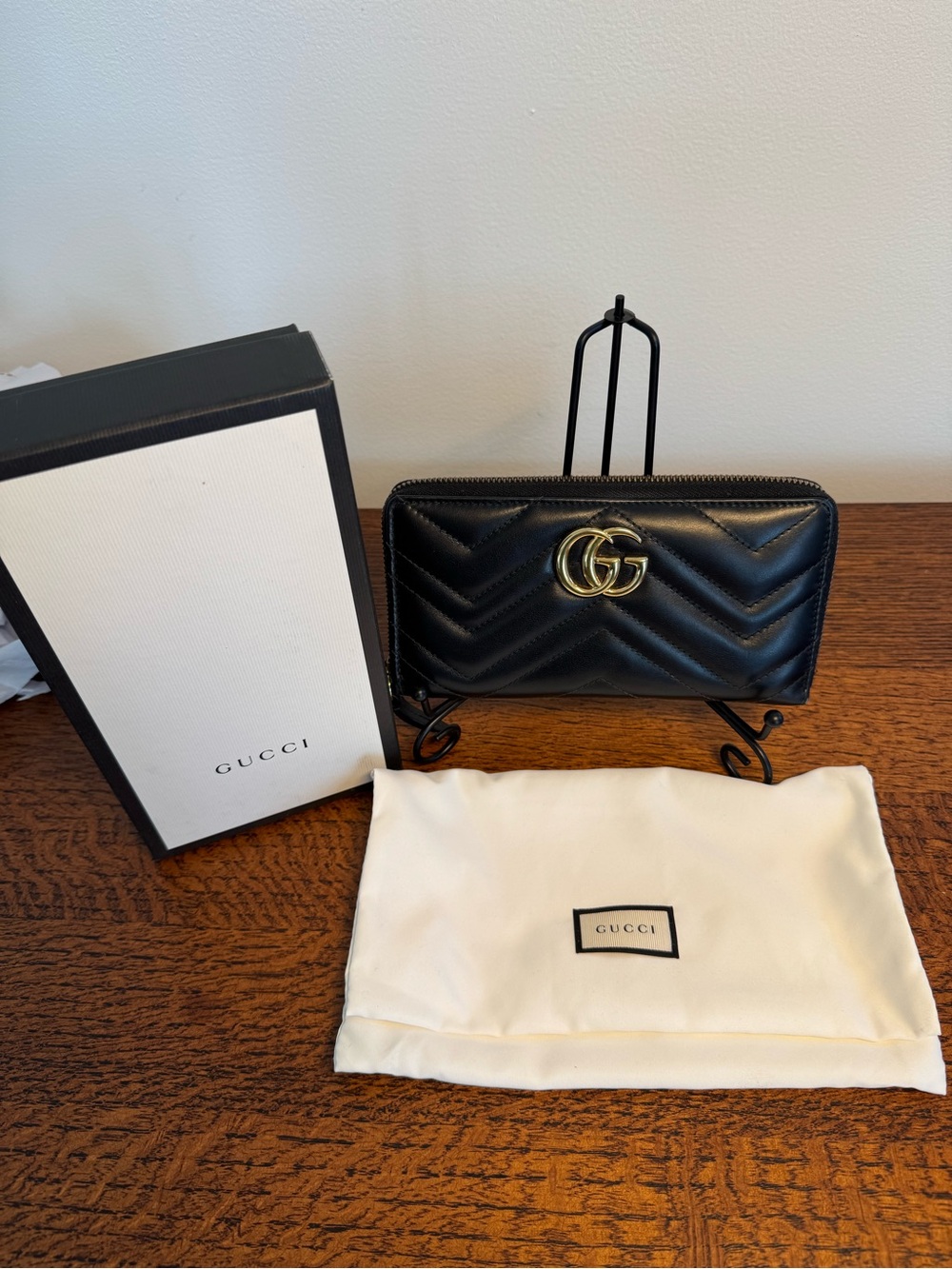 Gucci Black Quilted GG Marmont Zip Wallet with Dust Bag, Box and COA